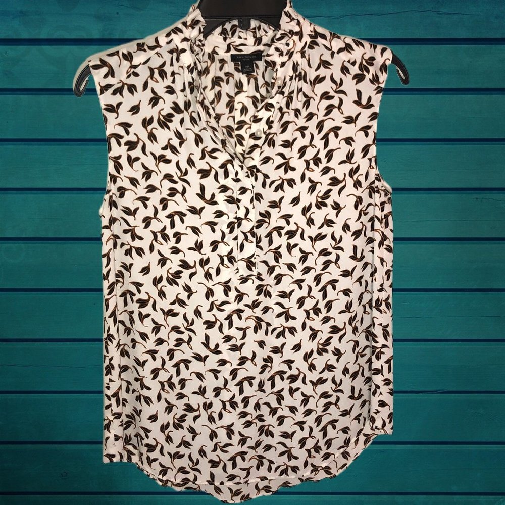 Ann Taylor White Black Gold Floral Sleeveless l Top Mandarin Collar XS‎ Petite